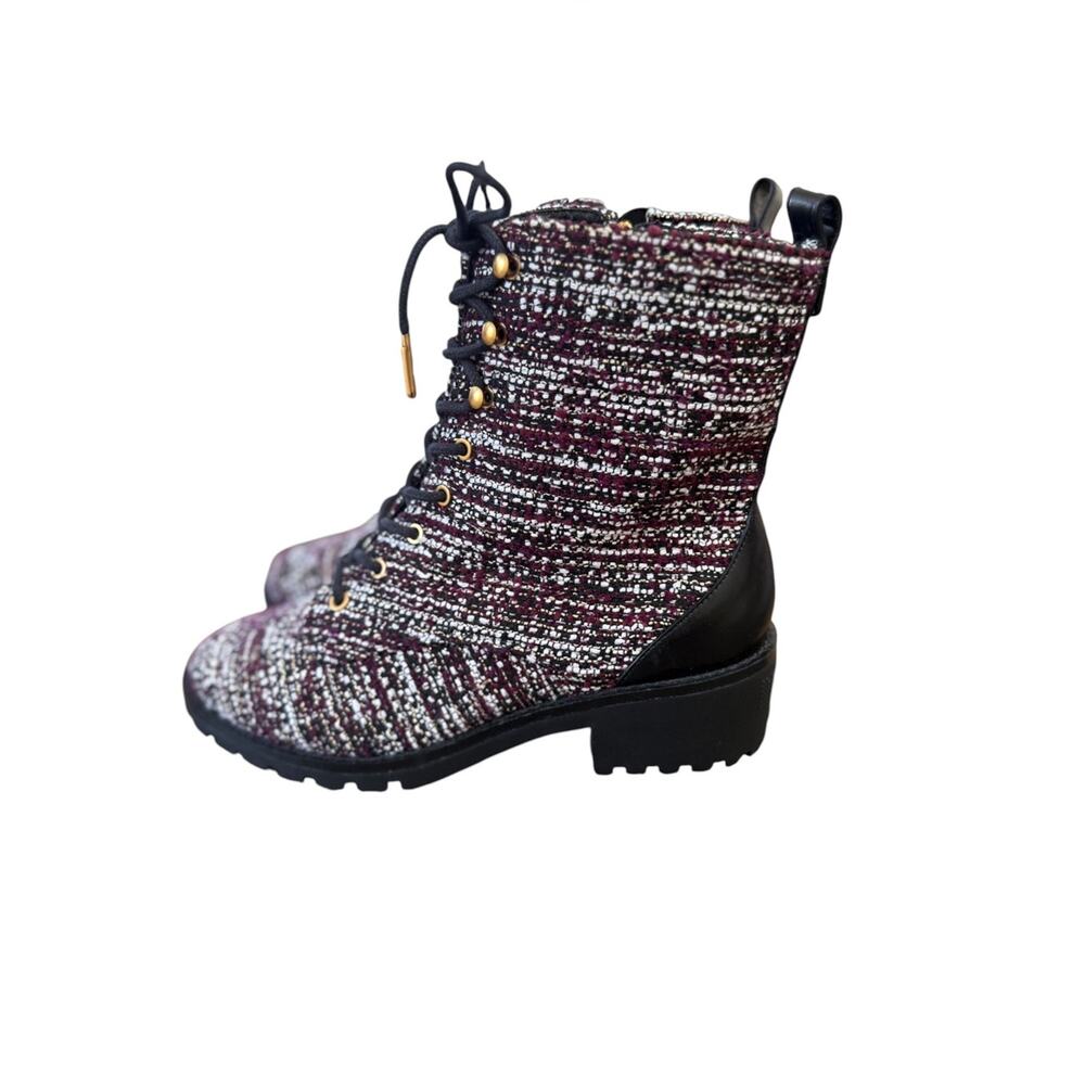<<Tory Burch Miller Combat Lug Sole Tweed/Leather Booties Burgundy/White -8.5M - Picture 3 of 8